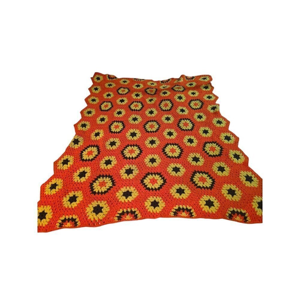 Vintage Handmade Afghan Hexagon Granny Square Crochet Blanket Throw Orange Yello